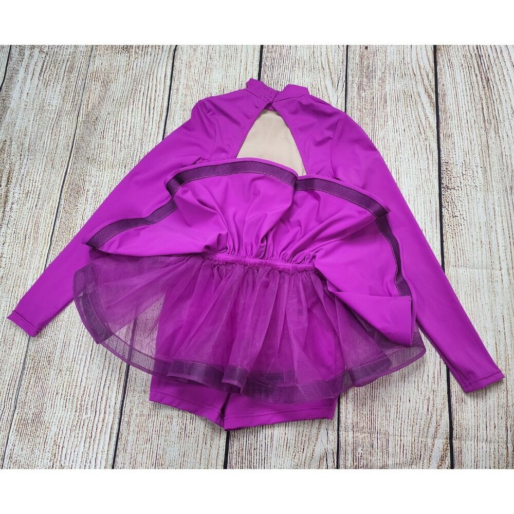 Balera Leotard LC Large/Child Pink Purple Shorts w/ Bustle High Neck Long Sleeve - Picture 7 of 11
